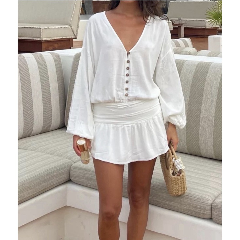 Free People Carson Drop-Waist Romper V Neck Balloon Sleeves Button White NWOT